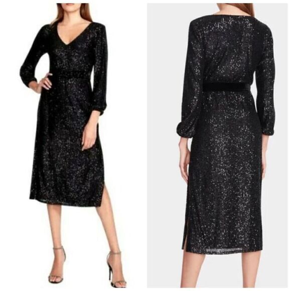 Betsey Johnson Black Sequin Side Slits Midi Dress Size Small - Picture 2 of 13